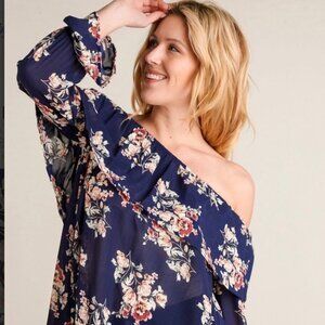 Sun N Moon Navy Floral Off Shoulder Blouse | Sheer Chiffon Ruffle Boho Flowy Top